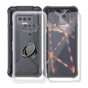 Imagem de YQINHHME Capa transparente para Cubot Kingkong 8 (6,5 polegadas) com 2 x protetores de tela + suporte de anel magnético de 360°, capa protetora fina à prova de choque capa de telefone de silicone macio para Cubot Kingkong 8