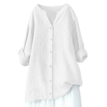 Imagem de Camisetas femininas de linho de algodão 2024 para mulheres, casuais, soltas, gola V, manga curta, blusas modernas e elegantes, Ofertas relâmpago branco, 3G