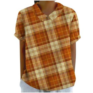 Imagem de PKDong Blusa de linho feminina gola Peter Pan camisa listrada manga curta botão abertura nas costas camiseta casual tops verão 2024, Laranja, G