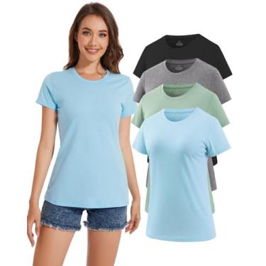 Imagem de Cosy Pyro Camiseta feminina de algodão manga curta gola redonda camiseta básica sólida pacote com 4, Preto/verde/cinza/azul, M