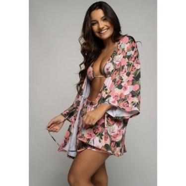 Imagem de Saída de Praia Kimono Estampado Tecido Proteção Solar Uv 50+-Feminino