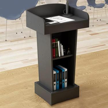 Imagem de Pódio de púlpito de igreja de 46" com gaveta, suporte para palestras de ensino com placa defletora e armário de armazenamento, púlpito de piso móvel, para salas de aula/escritório/conferênci