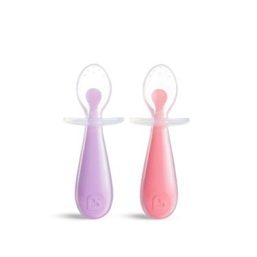 Imagem de Kit 2 Colheres de Silicone Infantil c/ Escudo de Proteção Rosa Munchkin Flexível e Macio