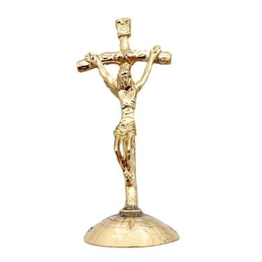Imagem de IEUDNS Cruz de crucifixo de metal com base, estátua de jesus, decoração de mesa cristã, altura 8.1cm para oração religiosa portátil, estilo a