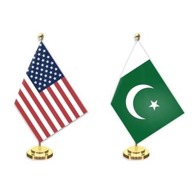 Imagem de Conjunto de 2 unidades de bandeira pequena de mesa paquistanesa americana do Paquistão, mini banner de mesa paquistanês de 12 x 20 cm, decoração de poste sólido de metal de 30 cm, faixa de poliéster