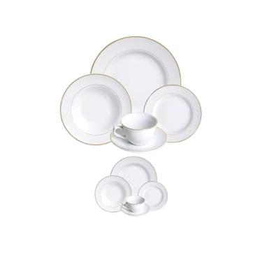 Imagem de Aparelho de Jantar 20 UNI. Borda Sofisticada Moderna Jogo Completo Prato Raso Fundo Sobremesa Xícara Pires Moderna (Filete Dourado)