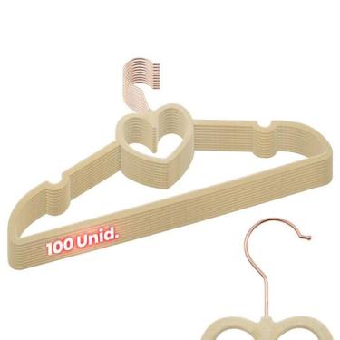 Imagem de Kit 100 Cabides Veludo Bege Gancho Rose Slim Formato Coração - ARBORET