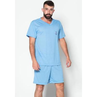 Imagem de Pijama Gola V Masculino Fechado Conjunto Curto - WLS Modas, Azul, GG, 
