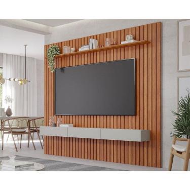 Imagem de Rack Bancada c/ Painel p/ TV até 75 Pol Maragogi Ripado 1 Porta e 2 Gavetas 230x220cm Cinamomo/Off White - Permóbili