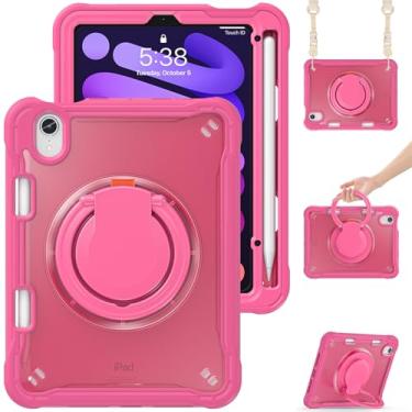 Imagem de Dteck Capa protetora para iPad Mini (A17 Pro/A15 Bionic) 7/6ª geração 8,3 polegadas (2024/2021), capa protetora traseira com suporte/alça, suporte de lápis/alça de ombro, capa portátil leve, rosa