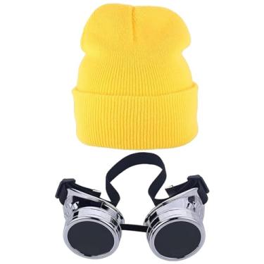 Imagem de AWNALEEO Vintage Steampunk Goggles Halloween Cosplay Punk Sunglasses Yellow Beani Cuffed Caps for Men Women Halloween Party (Yellow)