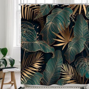 Imagem de Cortina de chuveiro tropical verde dourado folhas tropicais tecido vegetal cortina de banheiro conjunto de cortina de banho selva botânica, 15, L90 x A180 cm