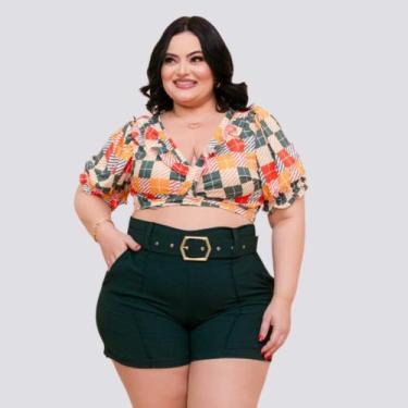 Imagem de Conjunto Plus Size Feminino Cropped Xadrez Short Cinto 0269 - Bellucy 