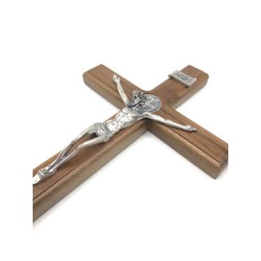 Imagem de Crucifixo de parede madeira metal prata velha são bento 35 cm - FORNEC
