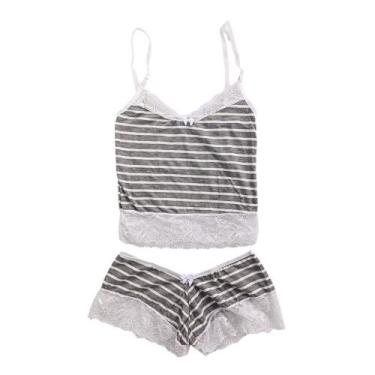 Imagem de Baby Doll Pijama Short Listrado Mescla Sexy Renda  Conforto Estilo Fem