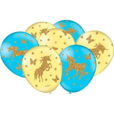 Imagem de Balão de Festa Decorado Unicornio 9" 23cm - Amarelo e Azul - 25 unidad