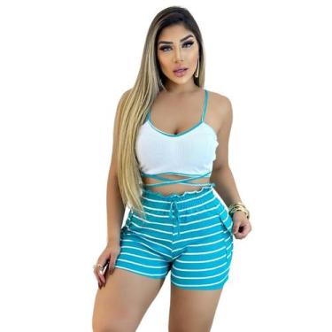 Imagem de Short Feminino Malha Azul Listrado AJustável com Top - Genérica, Único