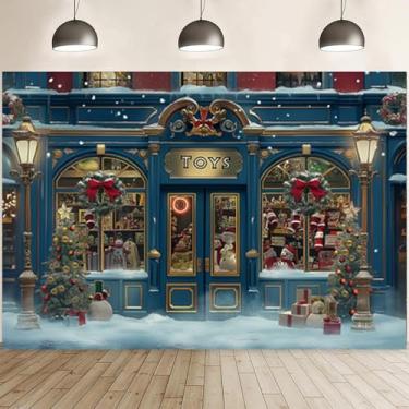 Imagem de Pano de fundo de loja de brinquedos vintage de Natal para sessão de fotos, flocos de neve, grinalda de árvore de Natal, loja de presentes, decoração de festa de fim de ano, janela de inverno, janela