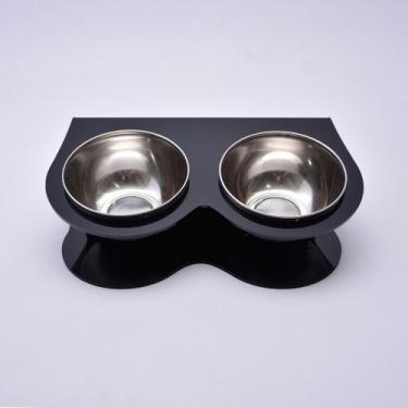 Imagem de Comedouro Duplo para Pets em Acrílico Preto Com Tigela em Inox- Ideal 