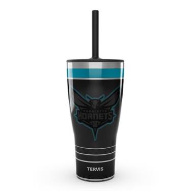 Imagem de Tervis Copo de viagem Traveler NBA Charlotte Hornets - copo de viagem com isolamento térmico de parede tripla para jogo noturno mantém as bebidas frias e quentes, 850 g com tampa de palha, aço