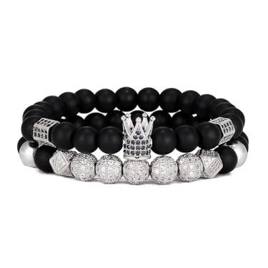 Imagem de TIMFROZ Pulseira masculina com coroa de 8 mm com contas de ônix preto fosco natural para presente de aniversário e aniversário de 19 cm, 7.5", Pedra, Sem Pedra Preciosa