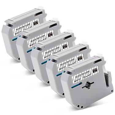 Imagem de Pacote com 5 fitas transparentes M-K131 compatíveis com Brother P-Touch M Tape M-K131s MK131 Fita para rotulador 12 mm 0,47 para Brother PT-M95 PT-90 PT-70 PT-65 PT-45, preto sobre transparente, 8 m