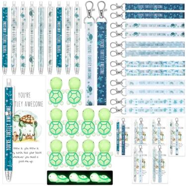 Imagem de Spakon Conjunto de 72 peças de canetas de tartaruga para presentes, incluindo cordão de tartaruga marinha, chaveiros inspiradores, canetas esferográficas fofas de resina You Are Awesome Cards