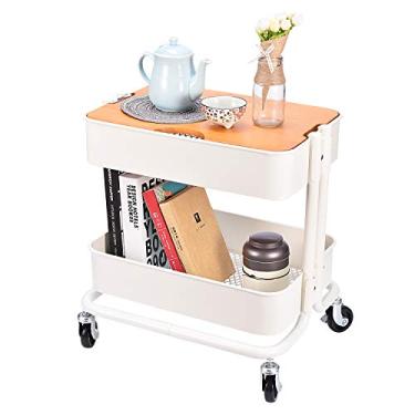 Imagem de Mesa com 2 níveis de metal para enrolar o carrinho de armazenamento lateral com placa de cobertura para organização de cozinha doméstica de escritório, creme branco