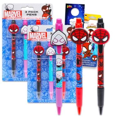 Imagem de Canetas Spidey and Friends para crianças – 6 peças de canetas esferográficas Spidey Pacote de suprimentos de festa com adesivos Miles Morales, Gwen Stacy e Peter Parker Plus, cabide de porta |