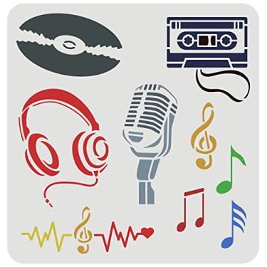 Imagem de FINGERINSPIRE Estênceis musicais 30 x 30 cm Notas musicais Estêncil de Estêncil Microfones de Plástico, Fitas, CDs, Fones de Ouvido Padrão Estêncil Reutilizável Tema Musical Estêncil DIY para Concertos, Decoração de Sala de Aula