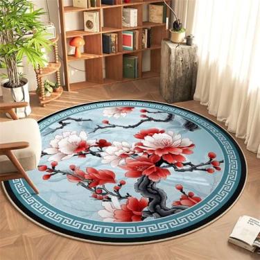 Imagem de HJZSZX Tapete redondo chinês para quarto, fácil de cuidar, tapete antiderrapante, planta, flor, carpete, FYR, sem fiapos, 9.160 x 160 cm (5,3 x 5,3 pés)