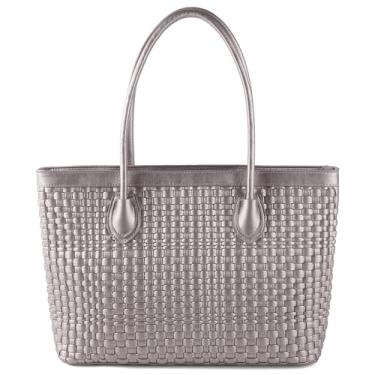 Imagem de SLHFPX Bolsa feminina de tecido feito à mão em couro vegano, bolsa de mão com fecho de zíper, bolsa de mão de praia, Cor cinza prata, One Size