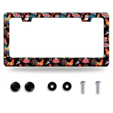 Imagem de Moldura de placa de licença de flor de galinha fofa molduras engraçadas de placa de licença de animal suporte de aço inoxidável personalizado placa de licença para homens e mulheres 16,3 x 12,3