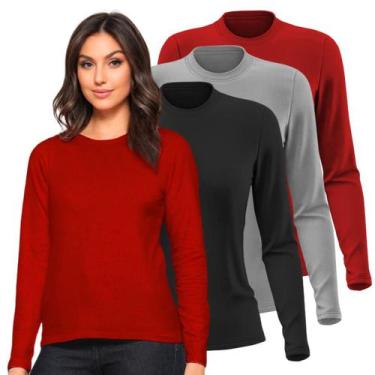 Imagem de Kit 3 Blusas de Frio Camiseta Feminina Manga Longa Algodão Fafenix, GG
