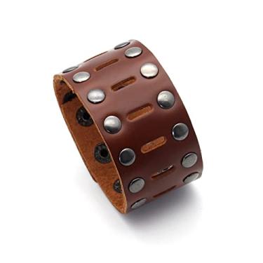 Imagem de Fusamk Pulseira Punk Rock com rebites de fileira dupla oca e larga pulseira de couro, Couro sintético liga metálica Couro sintético, Sem pedras preciosas