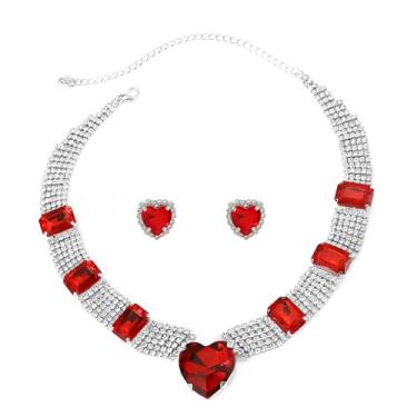 Imagem de Colar gargantilha de coração vermelho com strass, conjunto de joias para mulheres, zircônia cúbica, noiva, casamento, tênis, brincos, corrente de pescoço, joias, presentes de dia dos namorados, festa