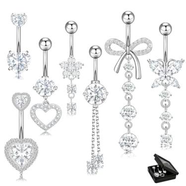 Imagem de WINSENET Piercing de umbigo 14G com pingente de umbigo de aço inoxidável cirúrgico fofo CZ coração borboleta flor pendurada piercing de barriga para mulheres, 7 peças, Aço inoxidável, Zircônia cúbica