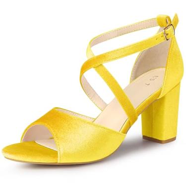 Imagem de Perphy Sandálias femininas de salto bloco de veludo com alça cruzada, Amarelo, 35