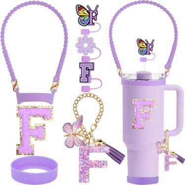 Imagem de ZYBIDEAL Conjunto de acessórios roxos de 8 peças para Stanley Cup, 3 peças de canudo de 10 mm, alça de silicone para garrafa de água, bota para Stanley 30 e 1,134 g, corrente com pingente de letra,