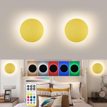 Imagem de Arandelas de parede operadas por bateria, luz de parede dourada recarregável estilo eclipse solar com controle remoto sem fio, regulável, 9 modos de cores, arandela de bateria sem fio, lâmpada de