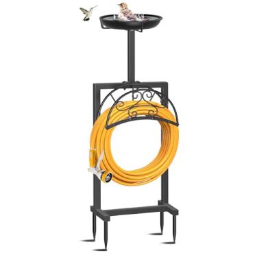 Imagem de Ouinis Suporte de mangueira de jardim independente, suporte de carretel de armazenamento pesado atualizado com 4 pontas com tigela alimentadora de pássaros, comporta mangueira de 45 metros para jardim