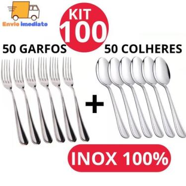 Imagem de Kit 100 Unidades  50 Colher + 50 Garfo Talher Aço Inox Luxo para Comid