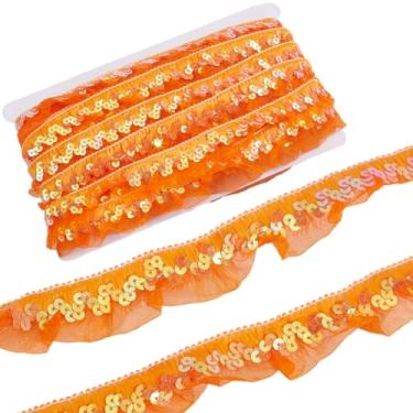 Imagem de GORGECRAFT Fita de tecido de organza de lantejoulas laranja de 11 m de 3 cm de malha de babados reunidos com franja de corte de franja plissada de chiffon elástico para costura de embalagem de