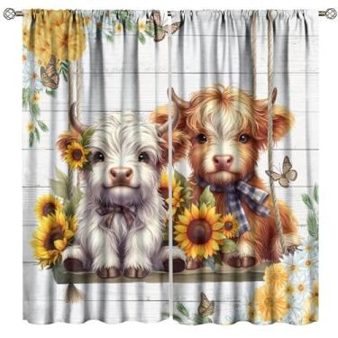 Imagem de Cortinas de gado rural, vintage engraçado vaca highland prancha de madeira rodada boho girassol floral borboleta tratamentos de janela, cortinas blackout com bolso de haste para sala de estar, quarto,