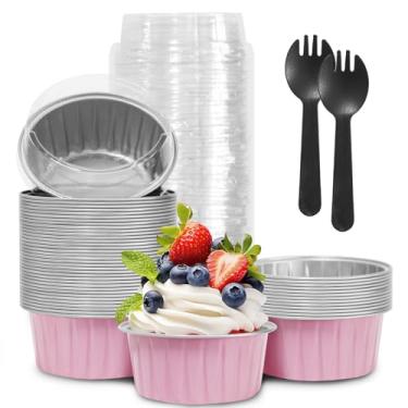 Imagem de 50 peças de mini cupcake de folha de alumínio, copos de 142 g com tampas, mini formas de bolo descartáveis, formas de pão com tampas, ramequins descartáveis, recipientes de lata para cupcake, pudim,