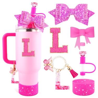 Imagem de Lingdeer Conjunto de acessórios de copo rosa rosa para copo Stanley de 850 g e 1,134 g com alça, pingentes de letras, capas de canudo de arco e diamante, bota de silicone com glitter, adesivo