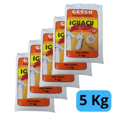 Imagem de Gesso Estuque Kit  5 Sacos Rapído Em Pó Saco 1 Kg Branco - IGUAÇU