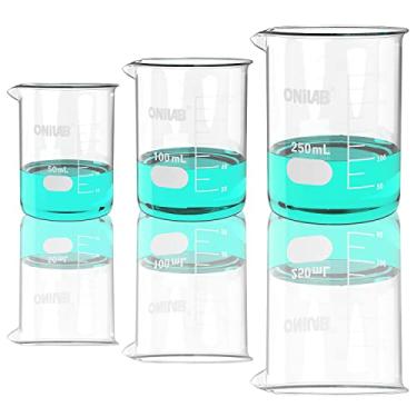 Imagem de ONiLAB Conjunto De Copos De Medição De Vidro 50Ml 100Ml 250Ml (Pacote Com 3) 3.3 Boro Griffin Low Form Com Graduação Impressa Vidraria Científica Para Laboratórios, Salas De Aula Ou Uso Doméstico 1