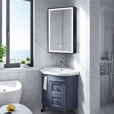 Imagem de Janboe Armário de remédios de canto com luz, 3 cores, regulável, demister, soquete de barbeador USB, moldura de alumínio escovado, 13,8 x 27,5 cm