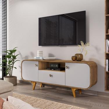 Imagem de Rack para TV Até 55 Polegadas 2 Portas 1 Gaveta com Pés de Madeira Maciça Noronha Bechara